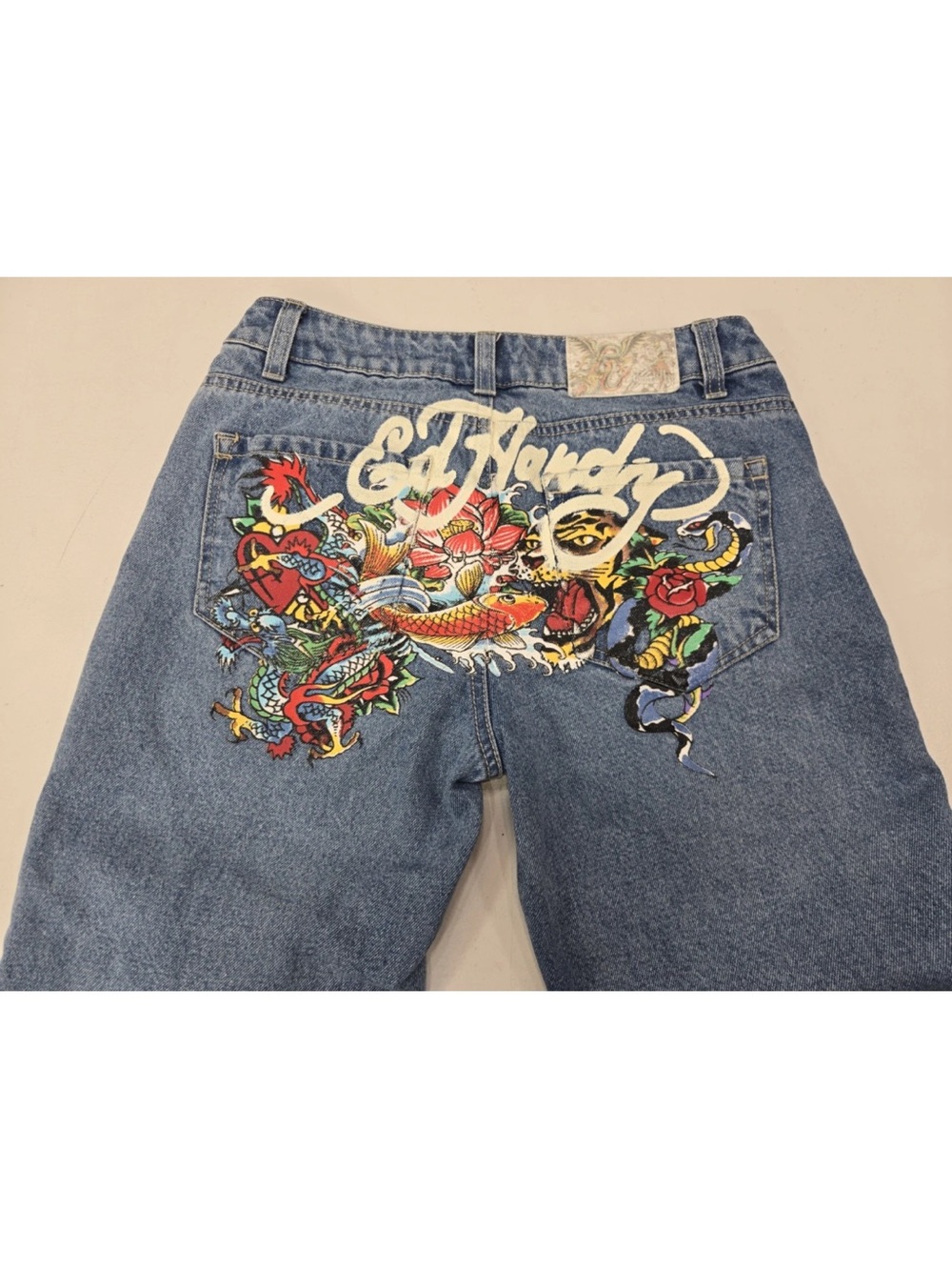 Ed Hardy Painted Multi Tattoo Low Rise Baggy Tiger Koi Y2K Retro Jeans 26 Womens